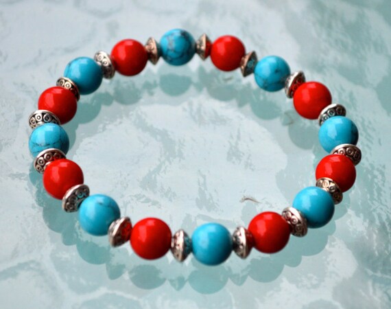 Bracelet de perles à la main en corail rouge et turquoise - Pour l'amitié, haute pression sanguine, coeur, chakra, méditation, racine, chakra