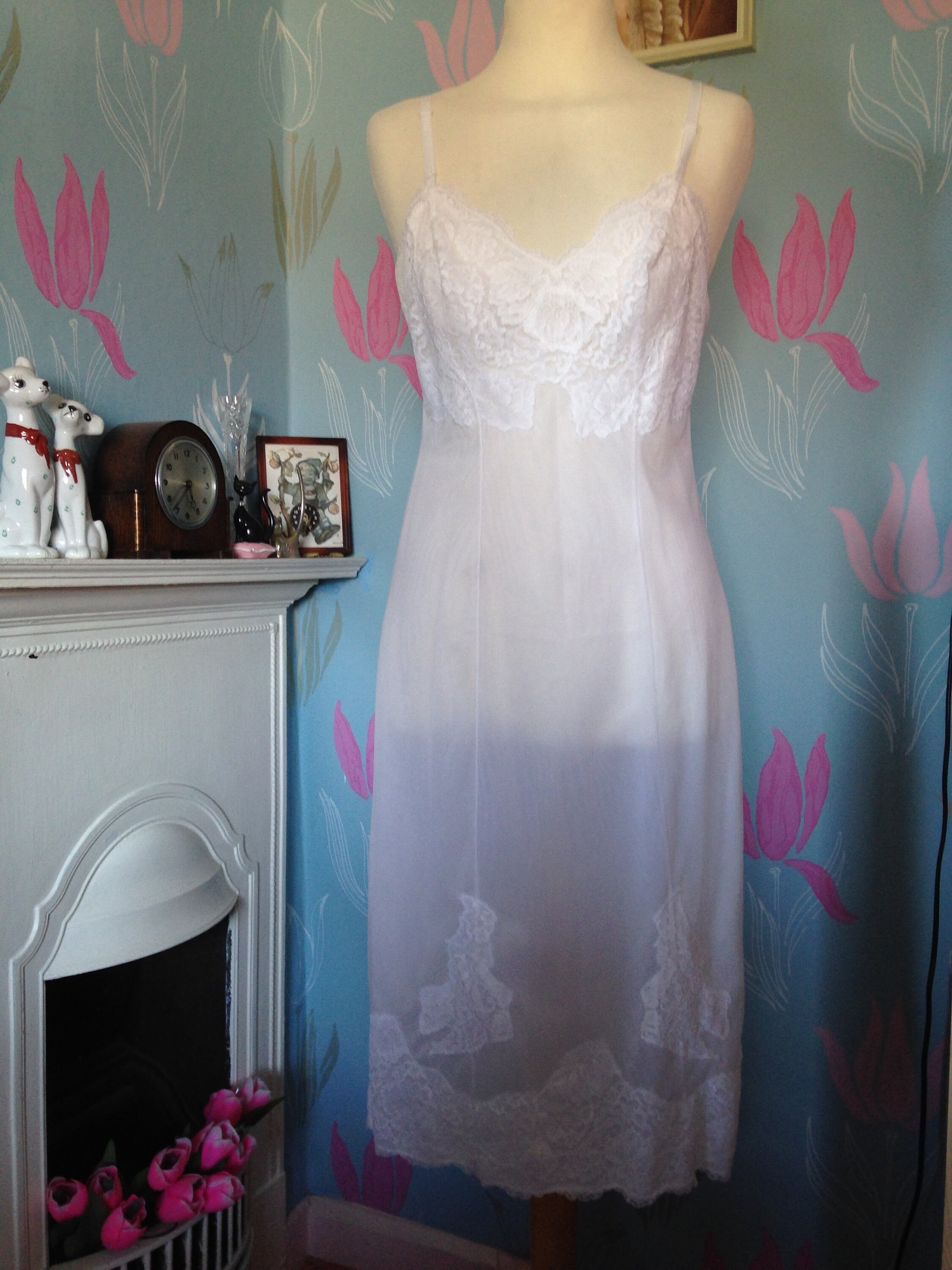Vintage White Charnos Full Nylon Slip Petticoat With Lace Lingerie Lounge Wear Underwear
