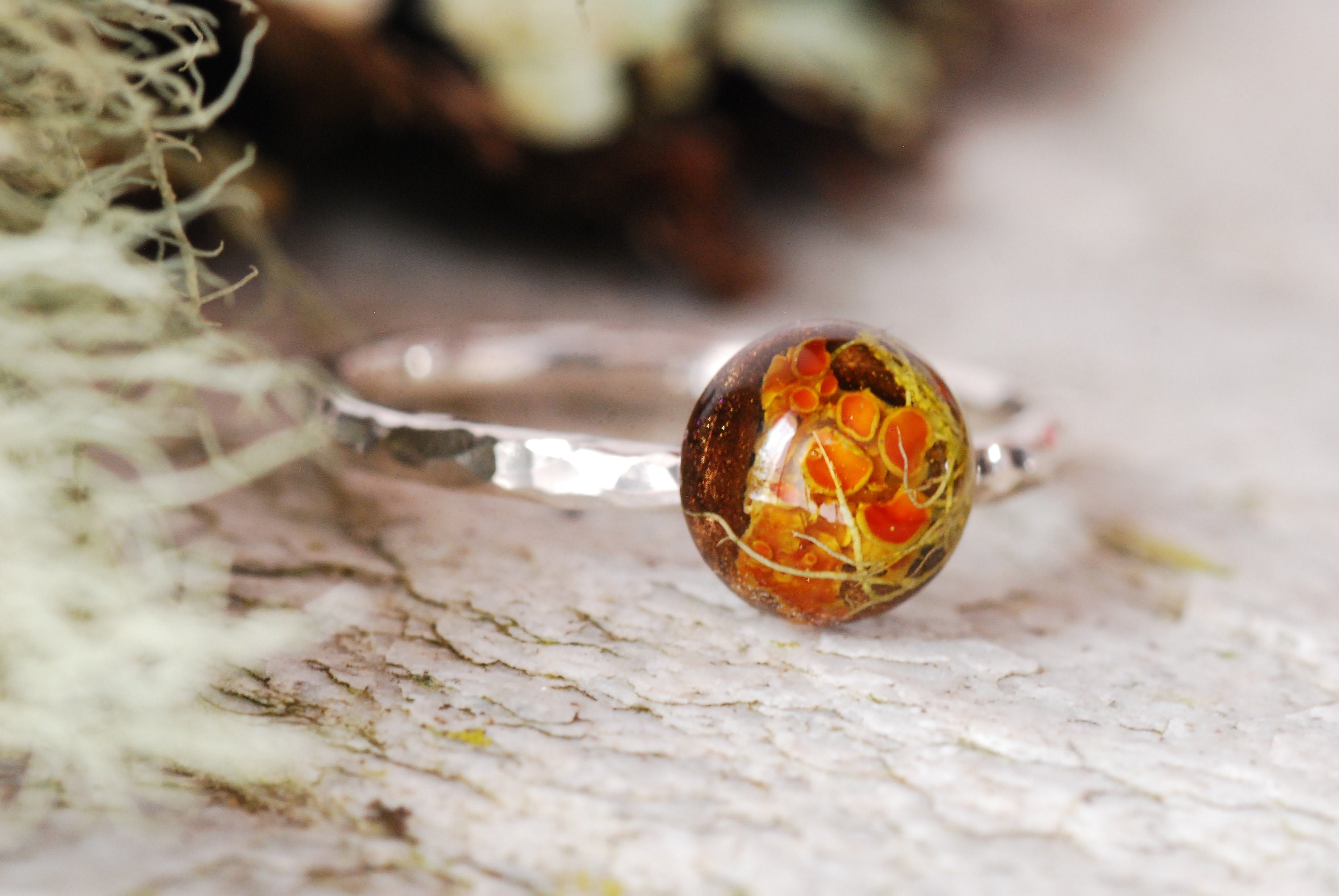 Silver Moss Ring, Lichen Nature Ring, Terrarium Sterling Silver Ring, Forest Ring, Botanical Jewelry, Rustic Resin Ring, Magic Jewelry