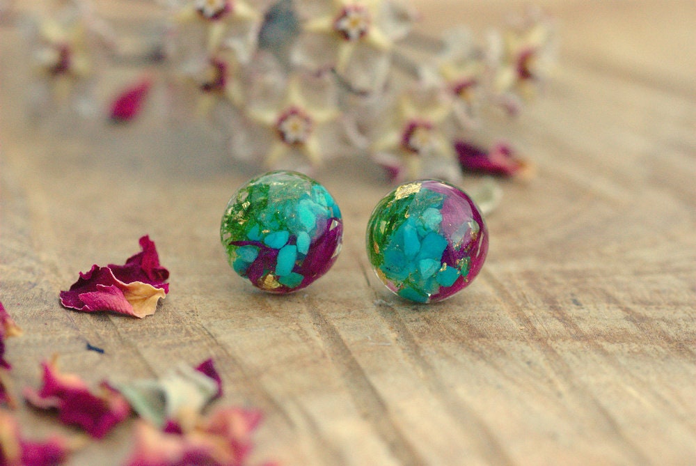 Turquoise Earrings, Resin Stud Earrings, Moss Terrarium Earrings, Tiny Gemstone Earrings, December Birthstone Earrings, Turquoise Jewelry