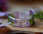 Rough Amethyst Ring, Gemstone Ring, Moss Resin Ring, Purple Ring, Gold Botanical Ring, Magic Ring, Crystal Amethyst February Birthstone Ring