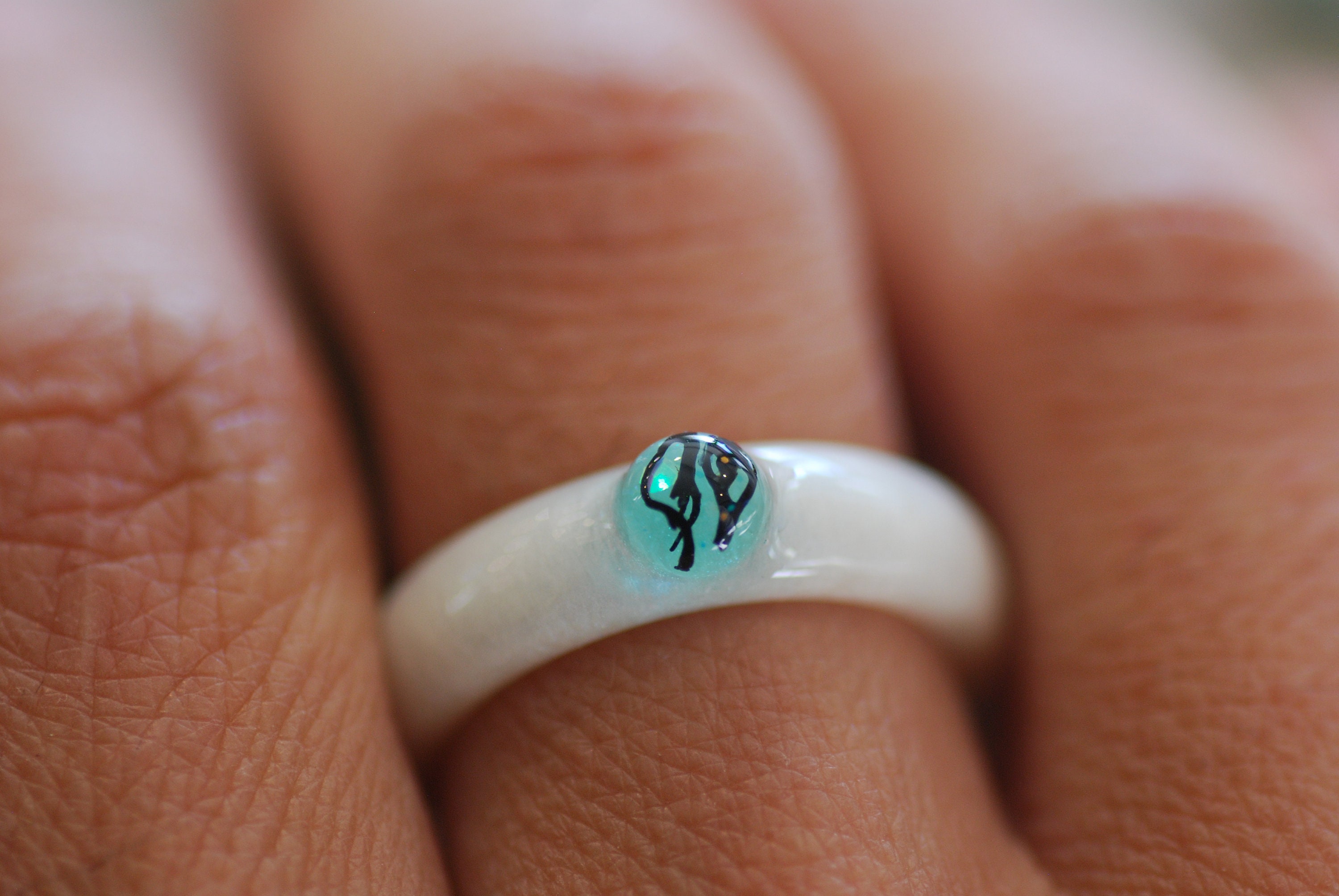 Mermaid Ring, Ocean Resin ring, Nature Ring, Mermaid Jewelry, White and Blue Resin Ring, Stacking Ring, Black Algae Ring, Summer Ring