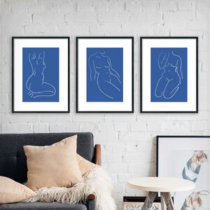 Set Of Prints Blue Naked Woman Drawing Body Line Art Etsy