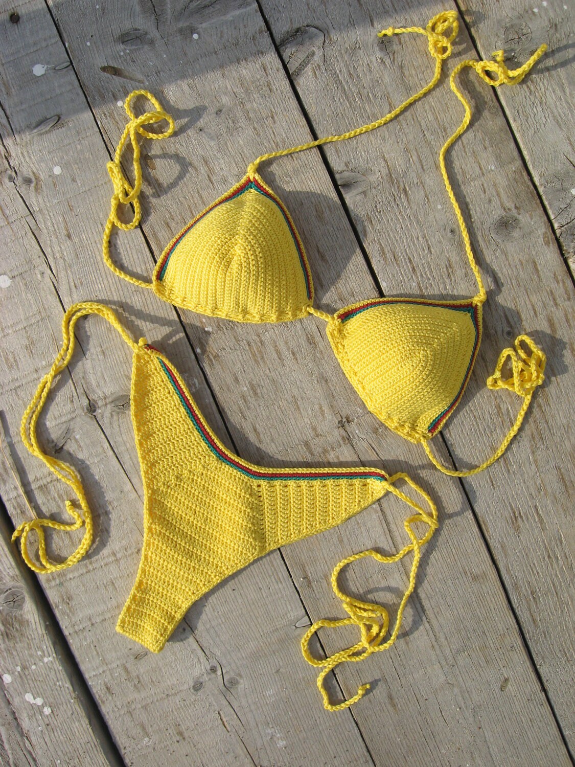 High Hip Brazilian Crochet Bikini Set Jamaican Bikini In Yellow With Green And Red Edging Etsy