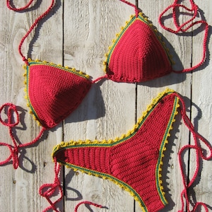 Crochet Bikini Set High Hip Brazilian With Red Yellow Green Edgings Etsy