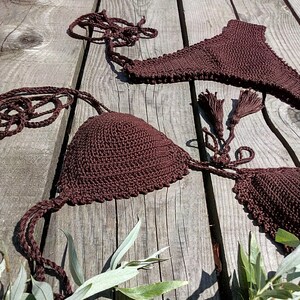 Crochet Bikini Set Brazilian Maroon Brown With Tassels Etsy
