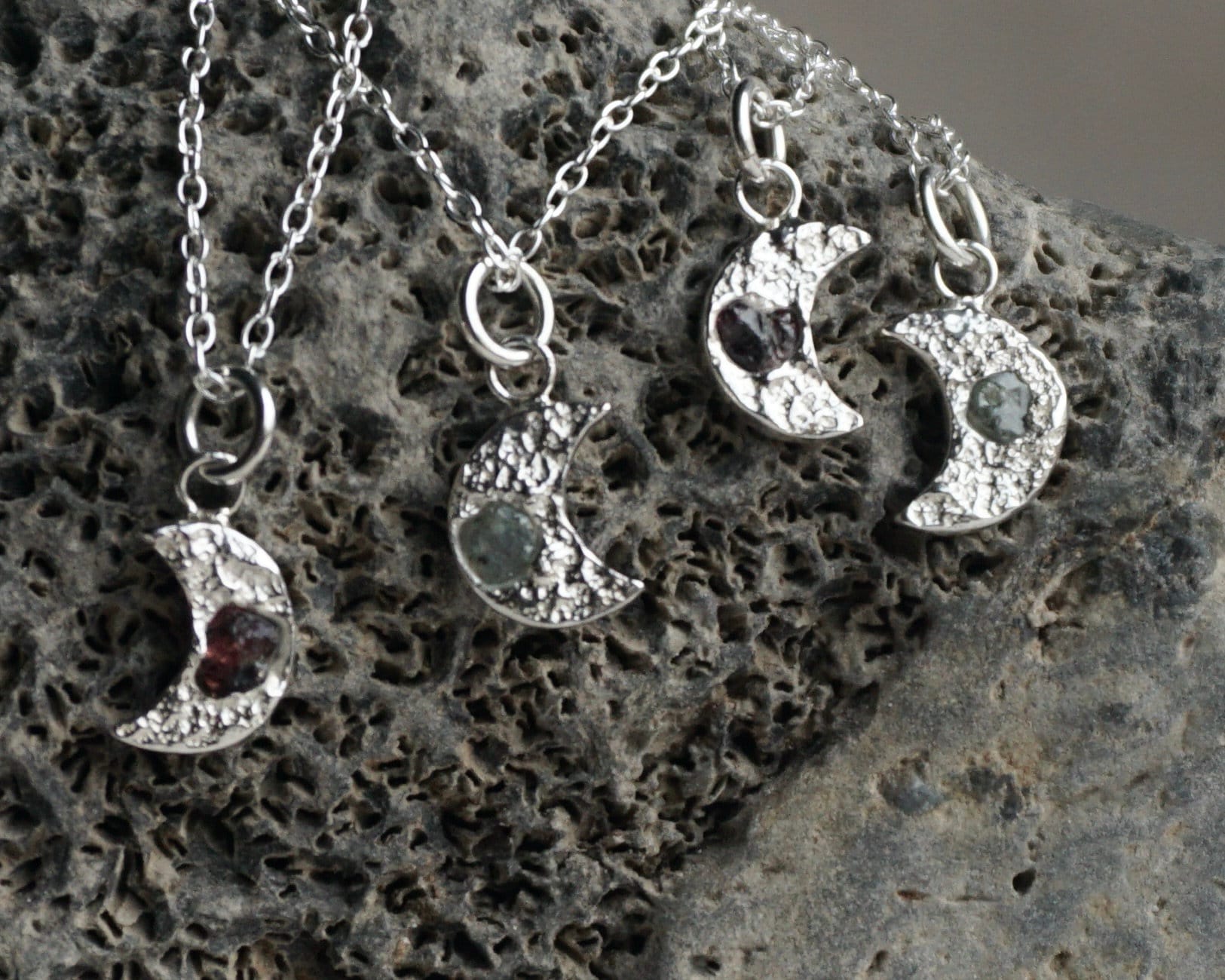 Mini Sapphire & Ruby Moon Necklaces | Sand Cast Crescent