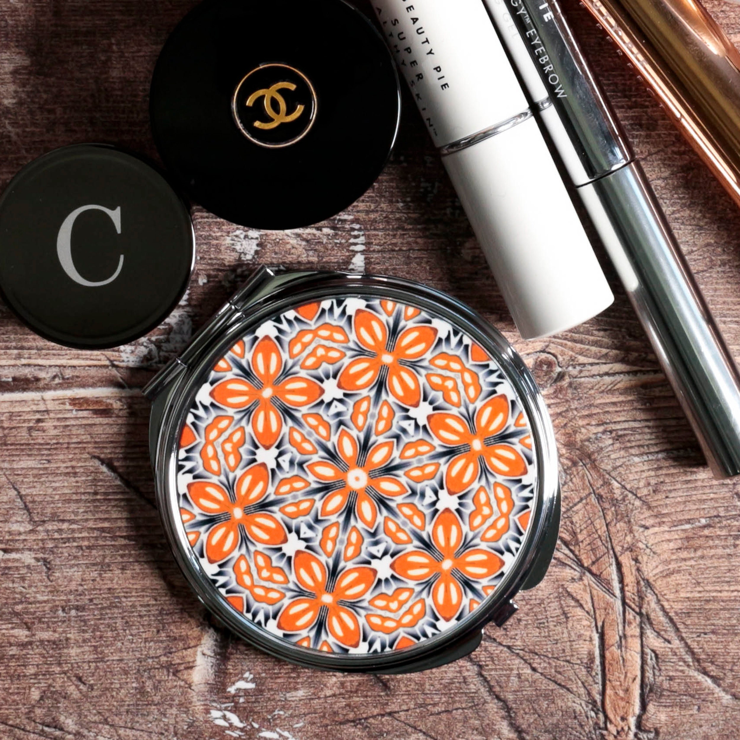 Orange Fox Flower Compact Mirror - Small Makeup Portable Vanity Folding Hand Gift For Gardener