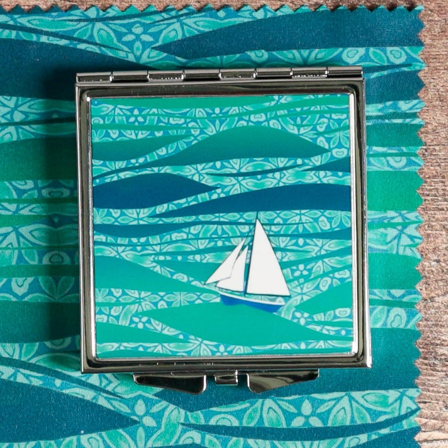 Caribbean Sailing Compact Mirror - Gift For Yachtswoman Small Makeup Portable Vanity Folding Hand Seaside