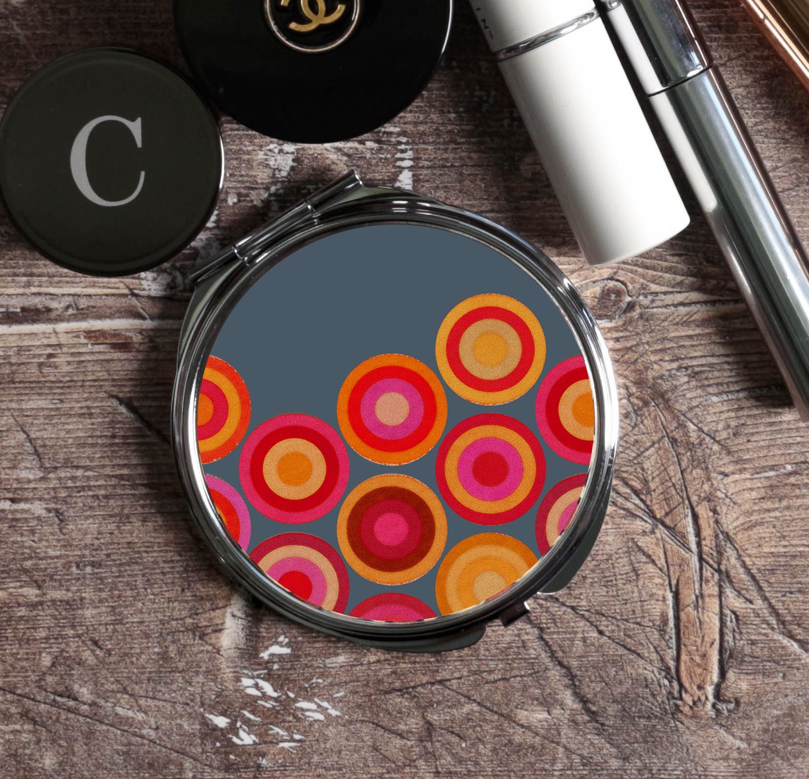 Volcanic Circles Compact - Hot Colours Handbag Mirror Small Makeup Portable Vanity Folding Hand Colourful