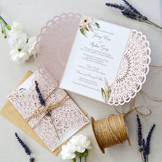 jenny - blush laser cutwedding invitation with twine and
