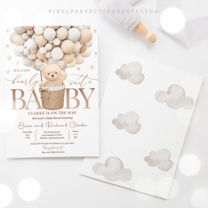 Editable Teddy Bear Hot Air Balloon Baby Shower Invitation Gender Neutral Teddy Bear Baby Shower