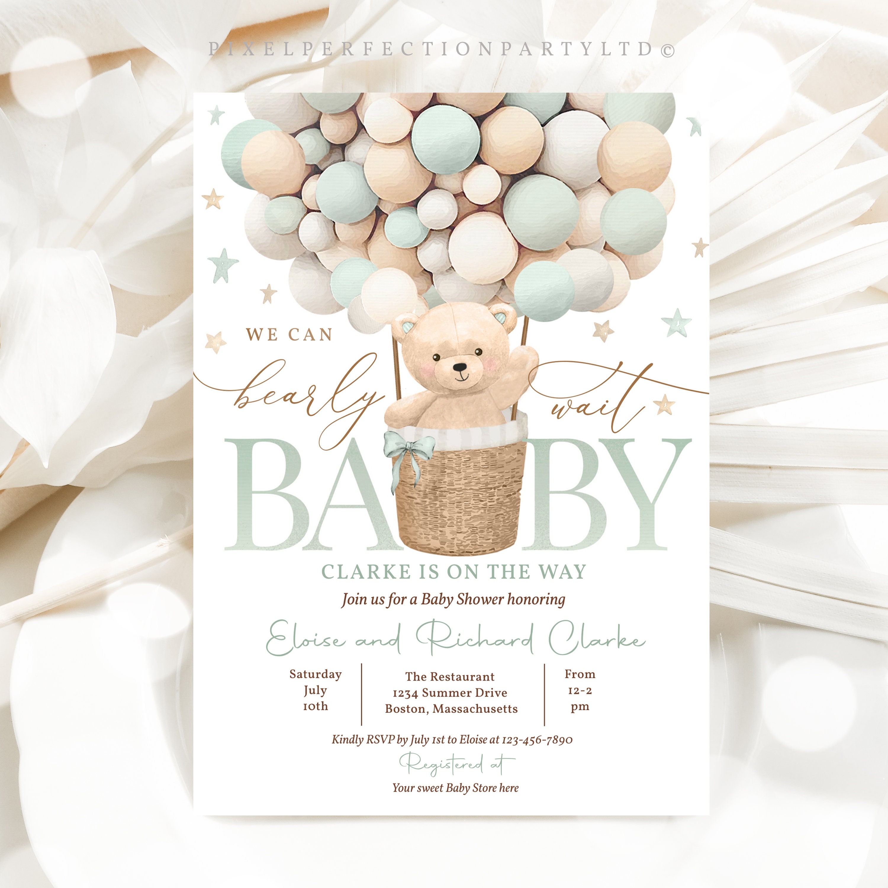 Editable Teddy Bear Hot Air Balloon Baby Shower Invitation Gender Neutral Sage Green Teddy Bear