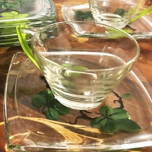 Vintage Hazel Atlas Gay Fad Ivy Glass Luncheon Plates Set Of Cups And Saucers Hand Painted