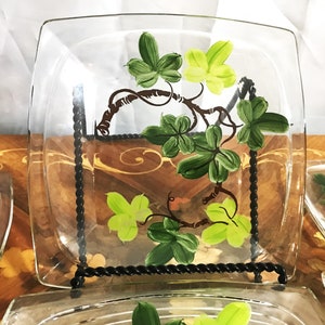 Vintage Hazel Atlas Gay Fad Ivy Glass Luncheon Plates Set Of Cups And Saucers Hand Painted