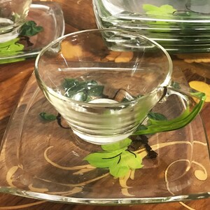 Vintage Hazel Atlas Gay Fad Ivy Glass Luncheon Plates Set Of Cups And Saucers Hand Painted