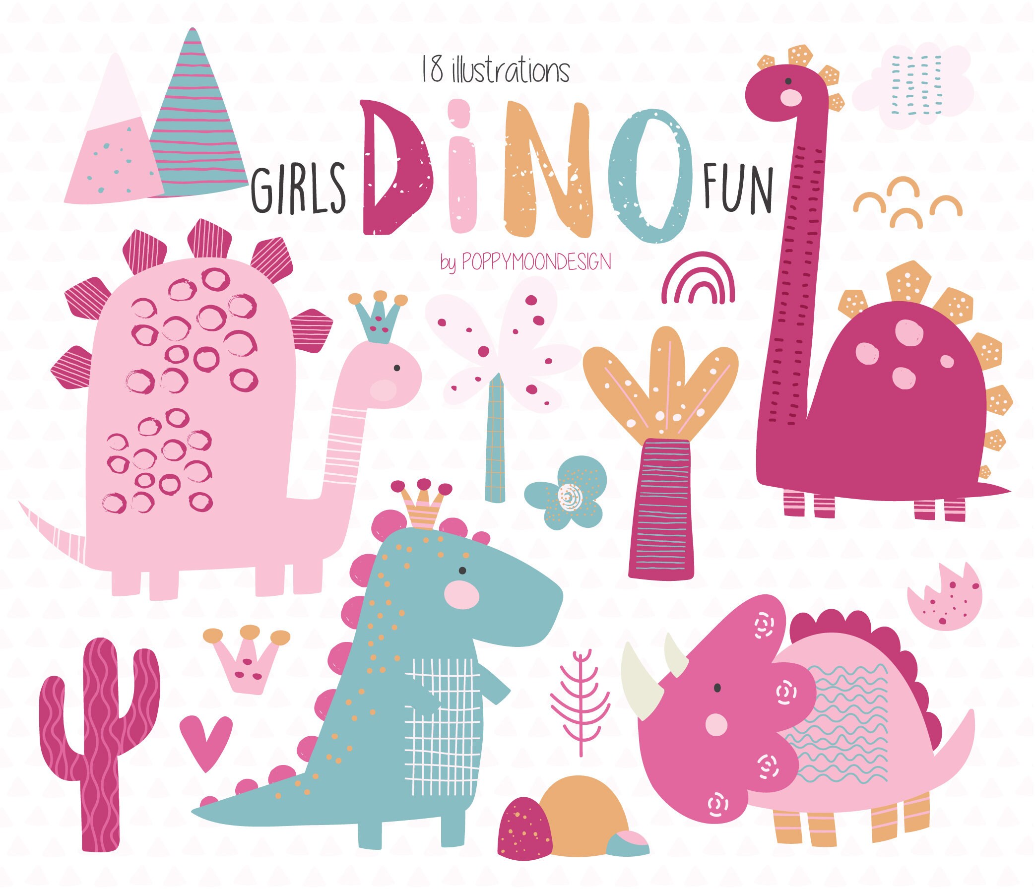 Girls Dino Fun Dinosaurs Printable Digital Clipart Set Etsy