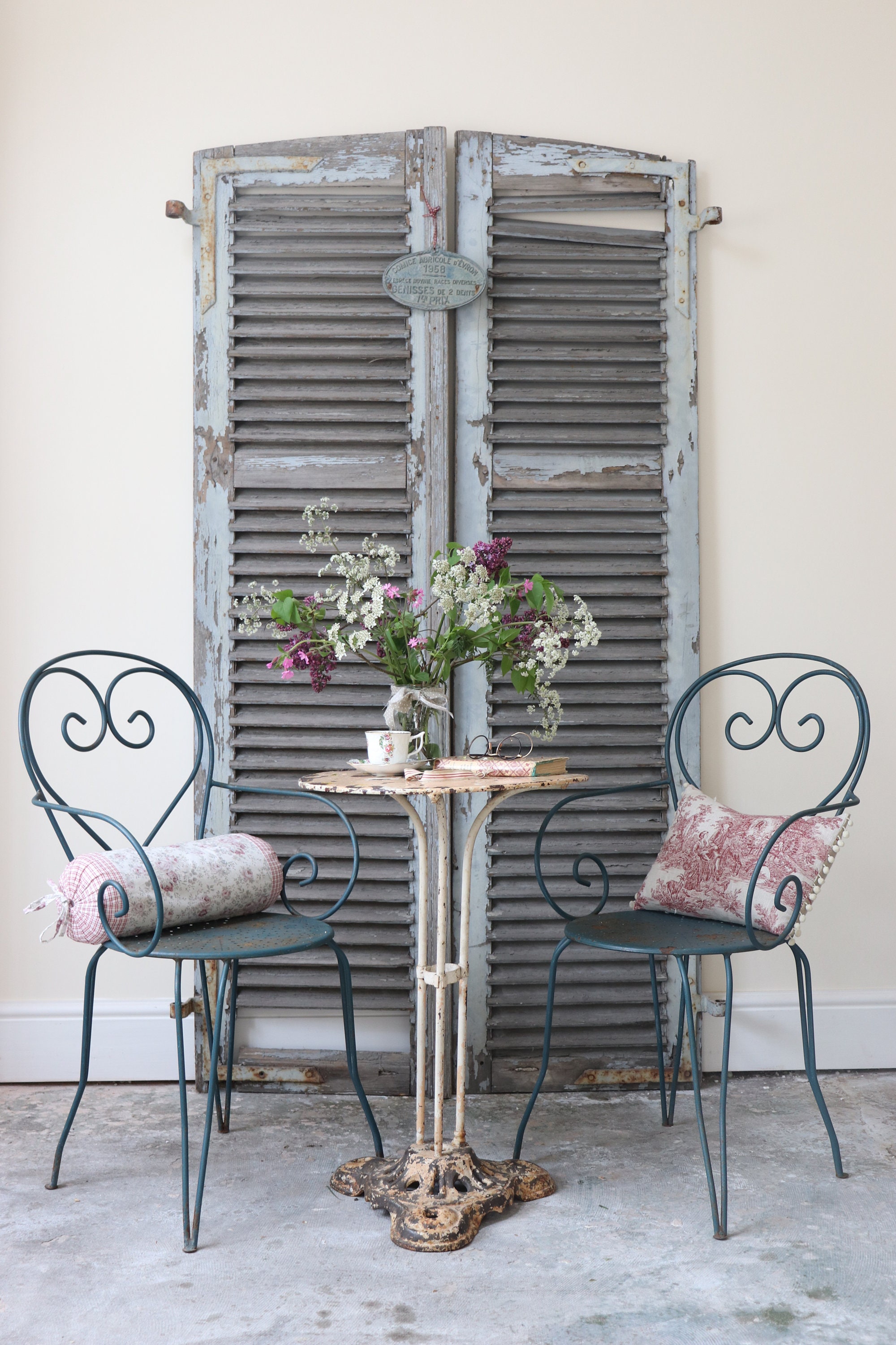 Attractive Pair of Vintage French Garden Chairs with Original Teal Paintwork