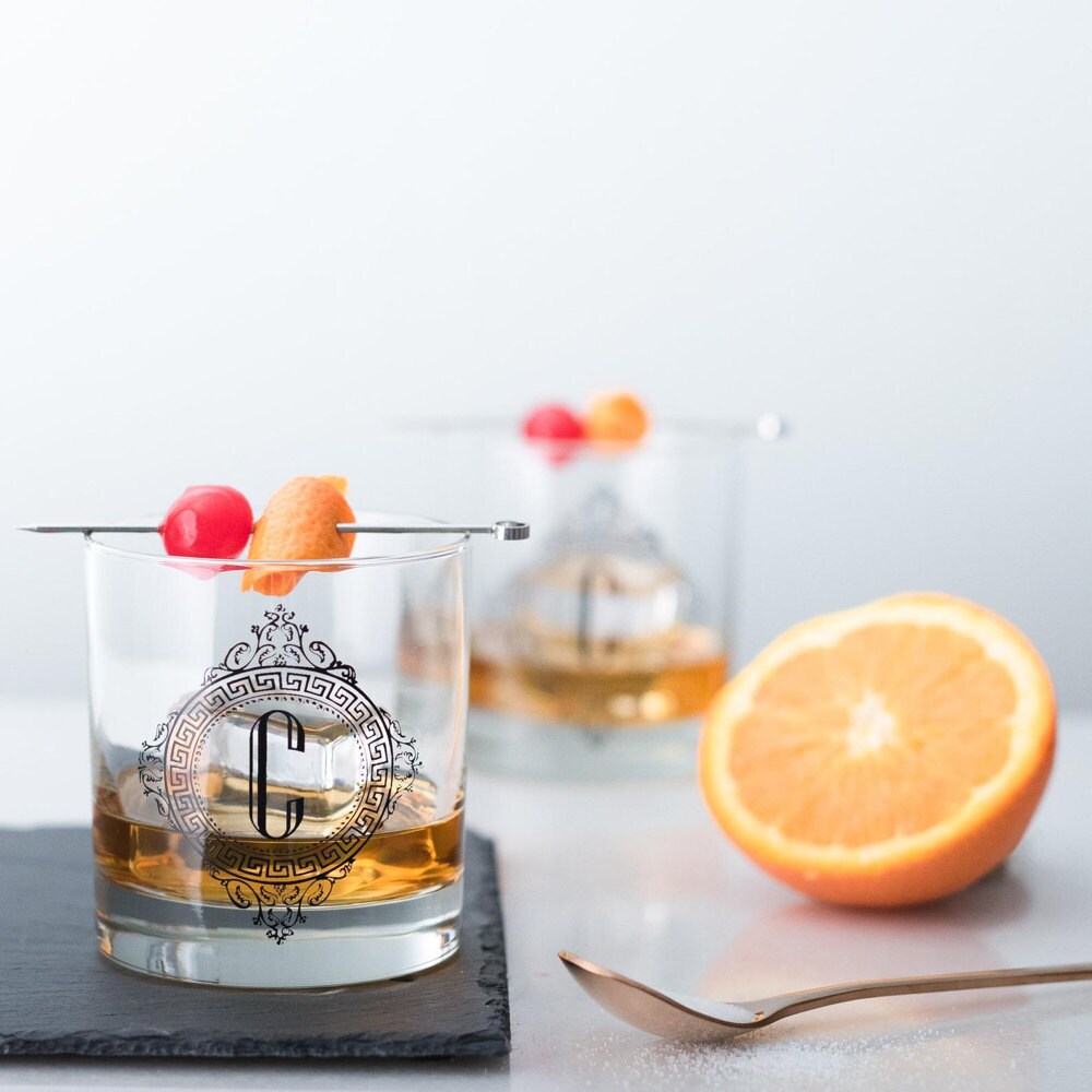 A set of monogrammed Old Fashioned glasses from Vital Industries