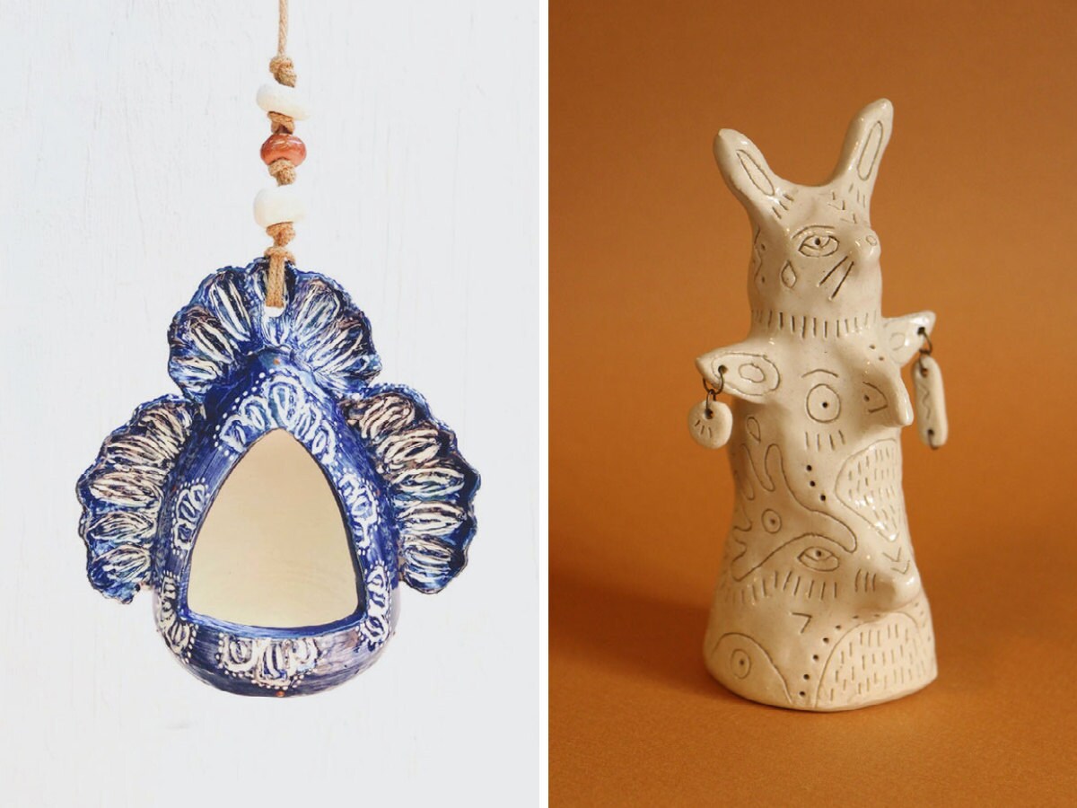 A side-by-side of two ceramic objects: a bird feeder and a totem.