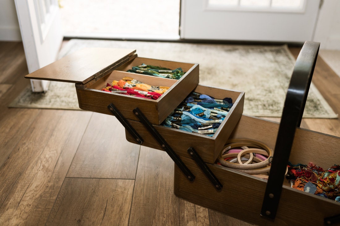 A sewing box filled with embroidery floss, organized by color