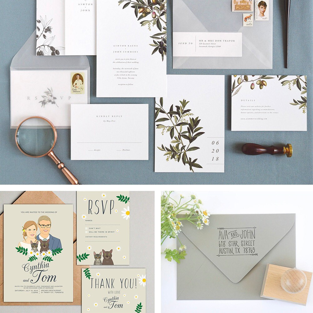 A collage of wedding invitations from Etsy