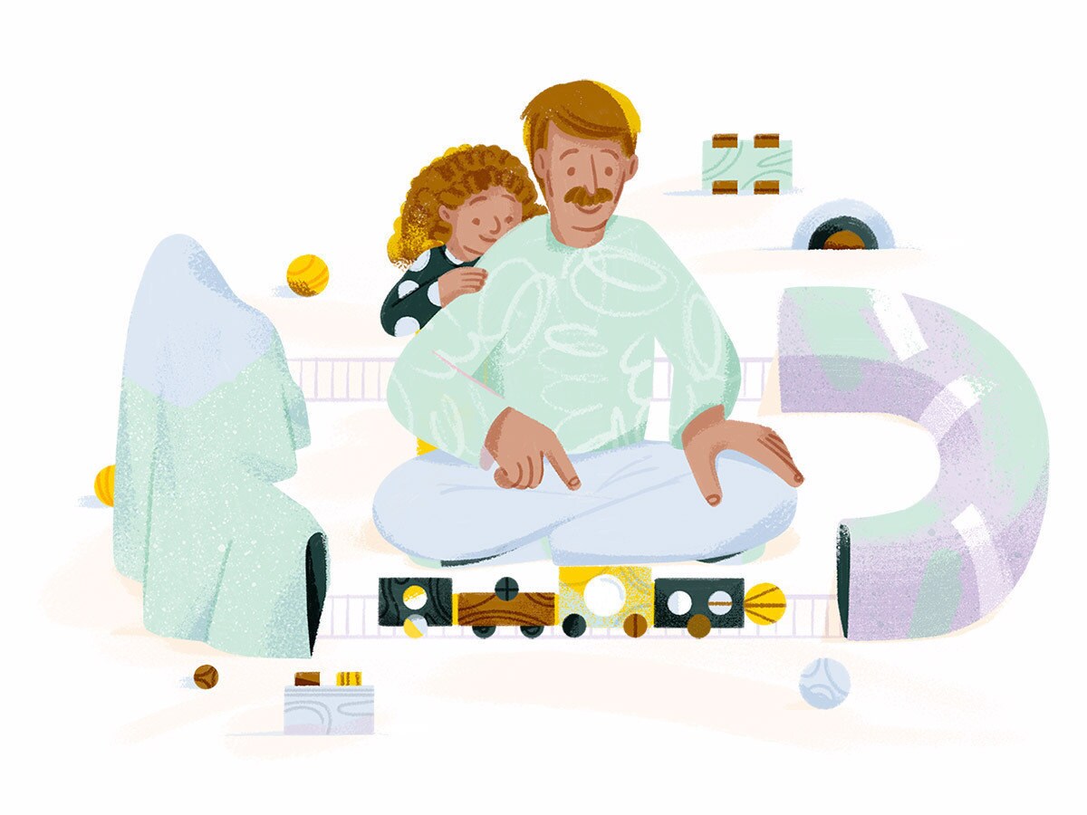 An illustration of father and son playing indoors with a train set