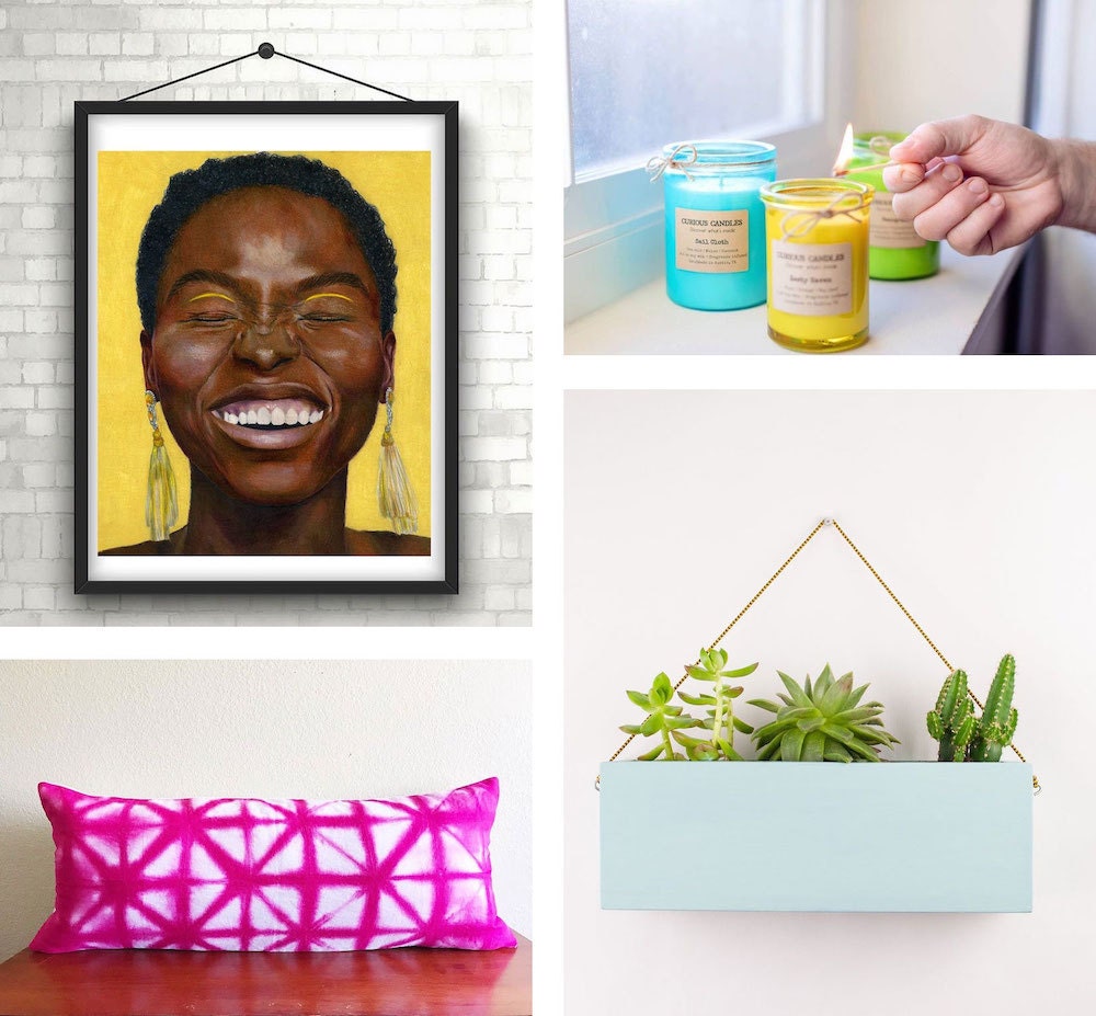 Collage of colorful home decor pieces