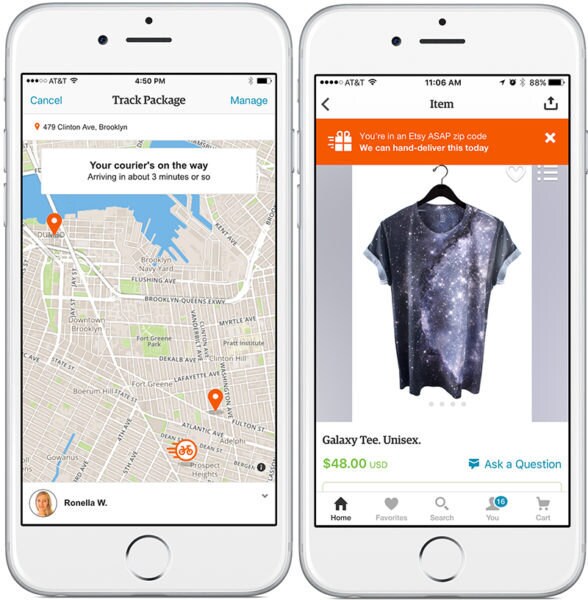 Mockup of the Sell on Etsy app showing the delivery tracking feature, plus a listing available for Etsy ASAP delivery in the Etsy App.