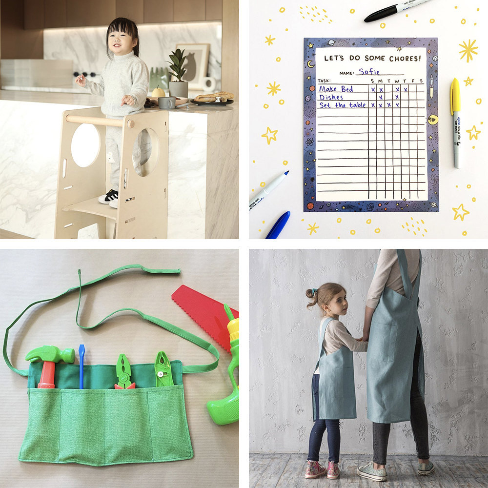 A collage of chore-helping items for kids available on Etsy