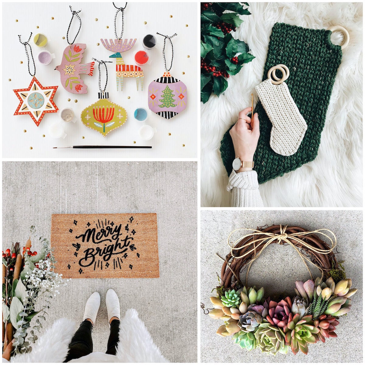 DIY ornaments, crochet stockings, a succulent wreath, and a message doormat from Etsy