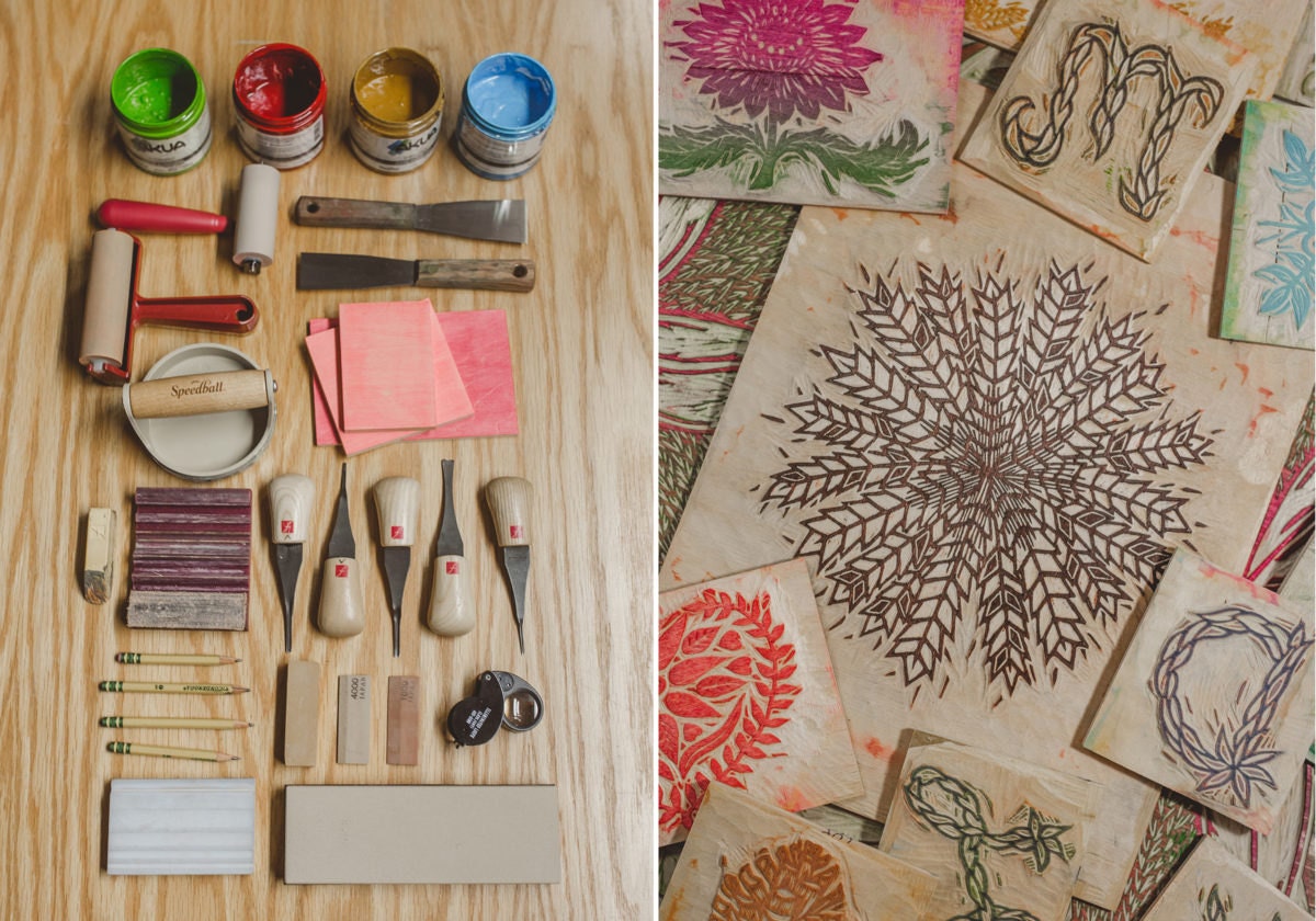 "Woodcut tools and woodblock")(~asset_93246742994.srcset~) “These soy-based inks act like oil-based inks,” says Kari. “They don’t dry on the plate but they clean up with soap and water, so you don’t have to use toxic cleaners like mineral spirits to clean up the ink.”
