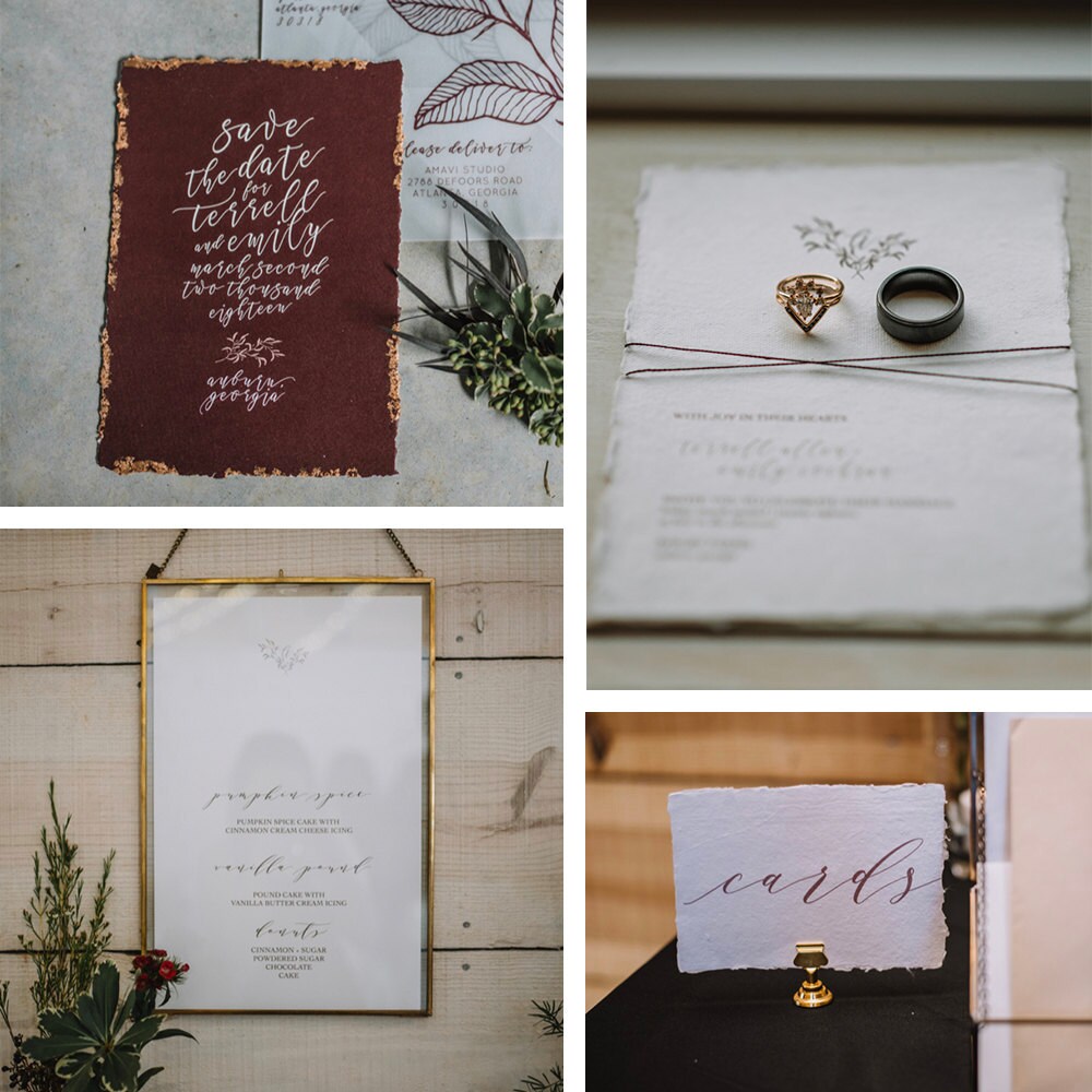 A collage of paper details from the wedding day