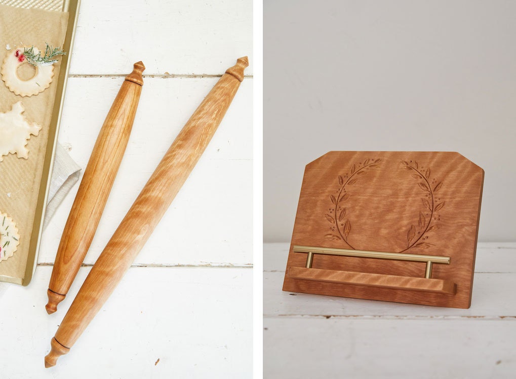 Yellow birch wooden rolling pins and cookbook stands from Cattails Woodwork