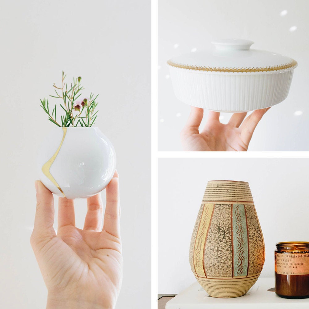 A collage of mid-century decor from Glittery Moon Vintage