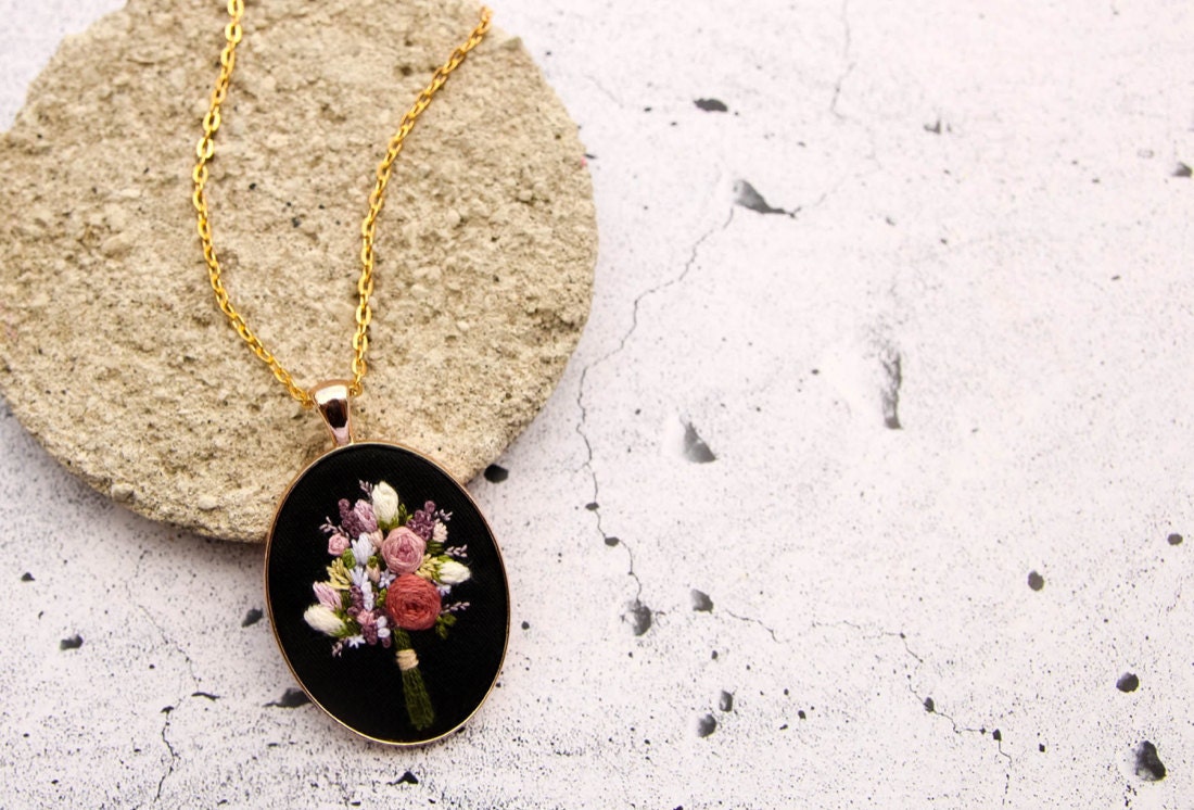 Embroidered bouquet pendant necklace from Thursday Craft Love