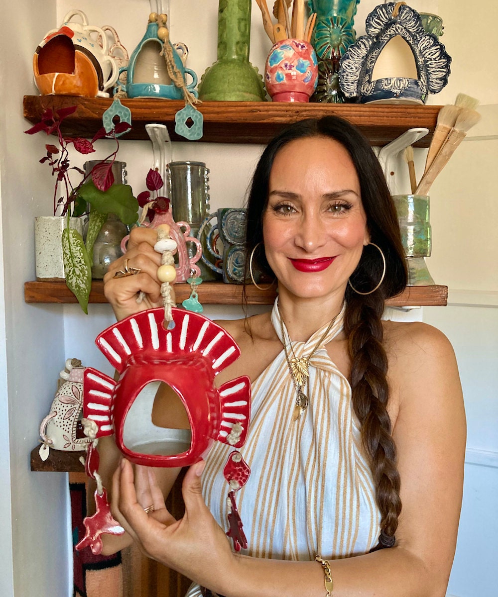 Coral red ceramic bird feeder from VEQ Ceramics, on Etsy