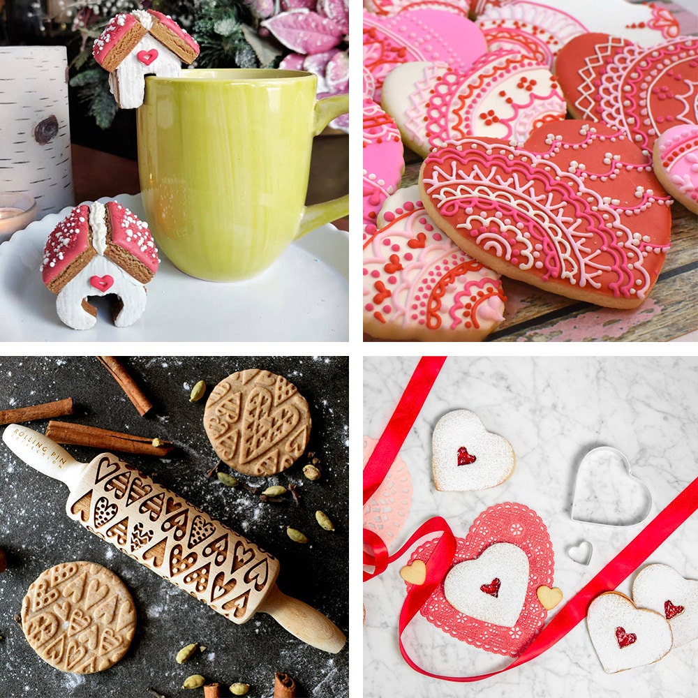 A collage of baking-themed Valentine's Day gifts available on Etsy.