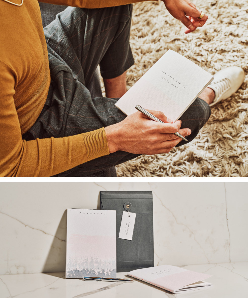 An image of Tan opening a journal titled "The Contents of Tan's Head," collaged alongside a styled shot of the soft-covered journal set from the Tan France x Etsy collection