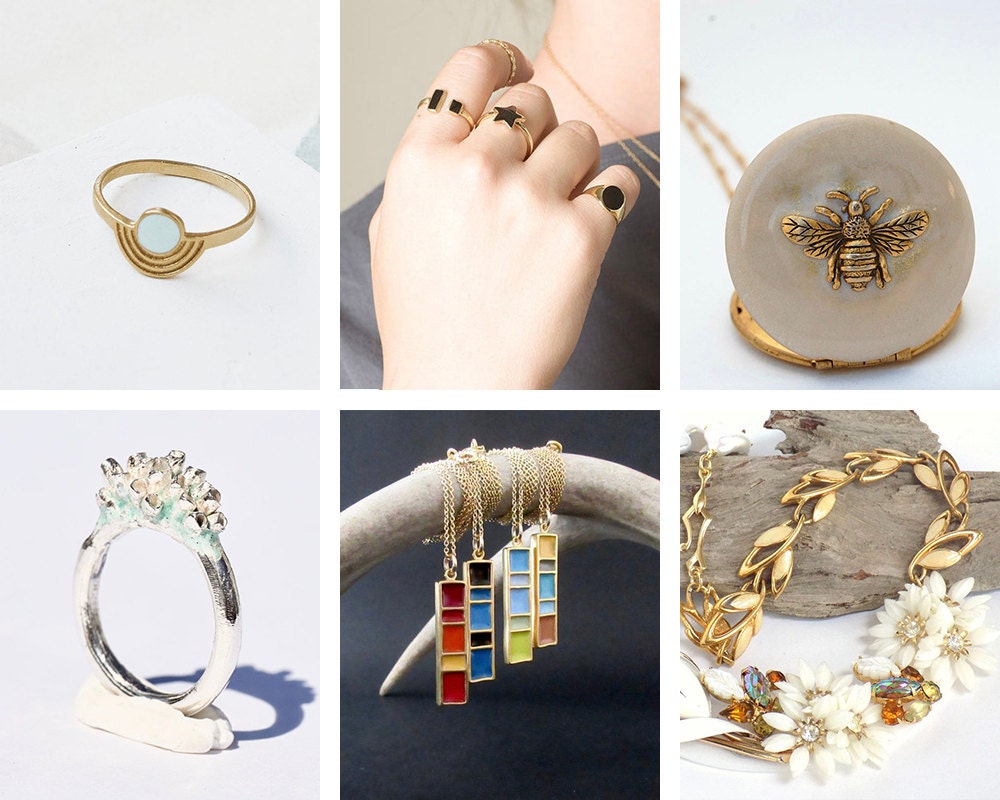 A collage of enamel jewelry from Etsy