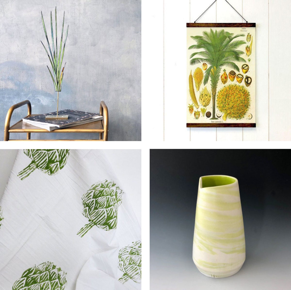 Collage of four peridot-colored home decor items: a stained-glass suncatcher, a botanical print, a ceramic vase, and a printed tea towel