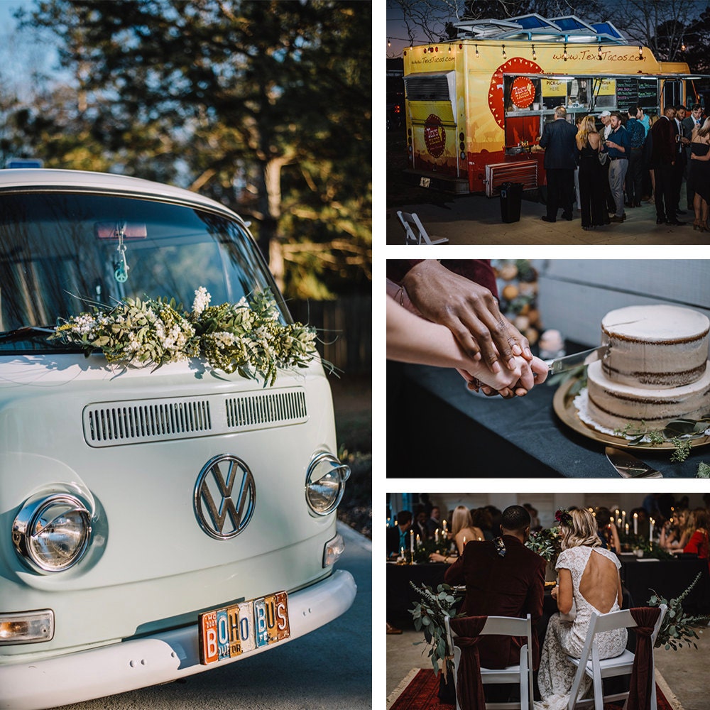 A collage of details from Emily and Terrell's reception, including the mint green van-turned-photobooth, the taco truck, the cake, and a photo of Emily and Terrell eating dinner at their sweetheart table