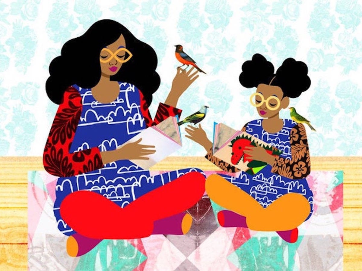 An illustration of a mother and daughter at home reading together from The Pairabirds