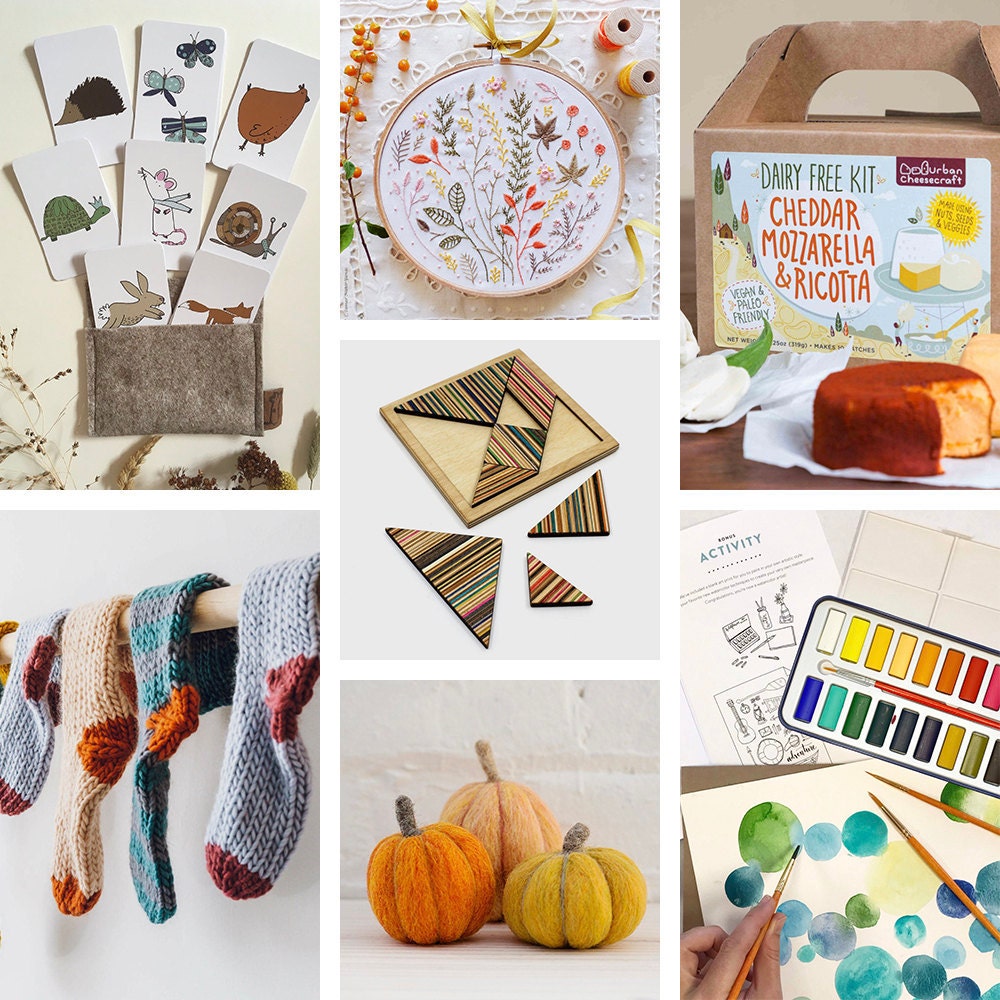 A collage of crafts and games available on Etsy.