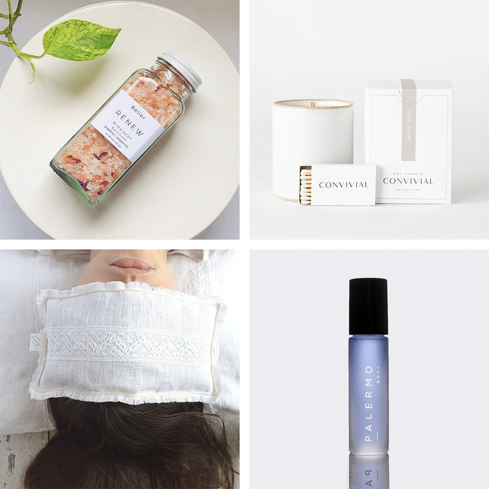 A collage of shoppable self-care items from Etsy.