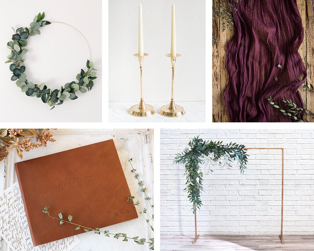 A collage of decor items from Etsy, hand-picked to match the style of Emily and Terrell's wedding