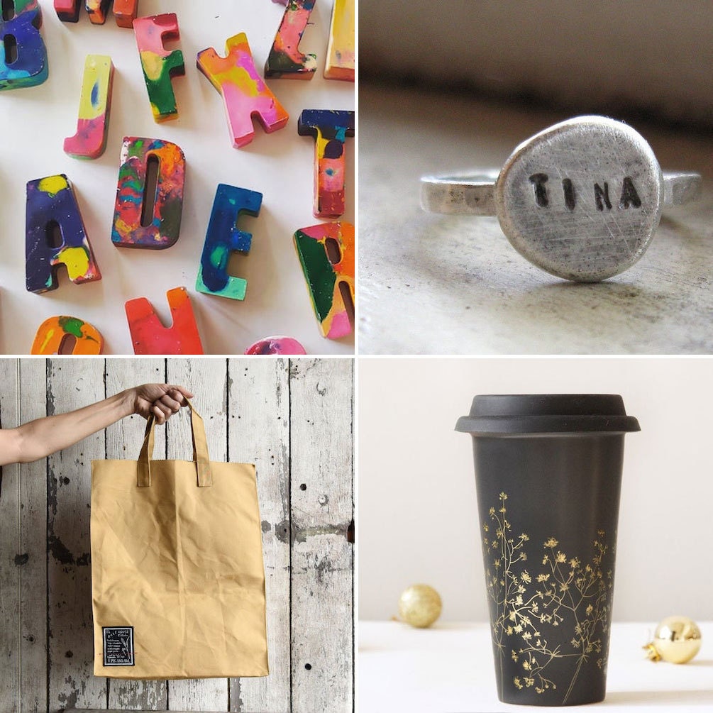 Collage of eco-friendly Etsy items: a set of recycled crayons, a personalized repurposed silver ring, a reusable ceramic travel mug, and a zero-waste tote bag