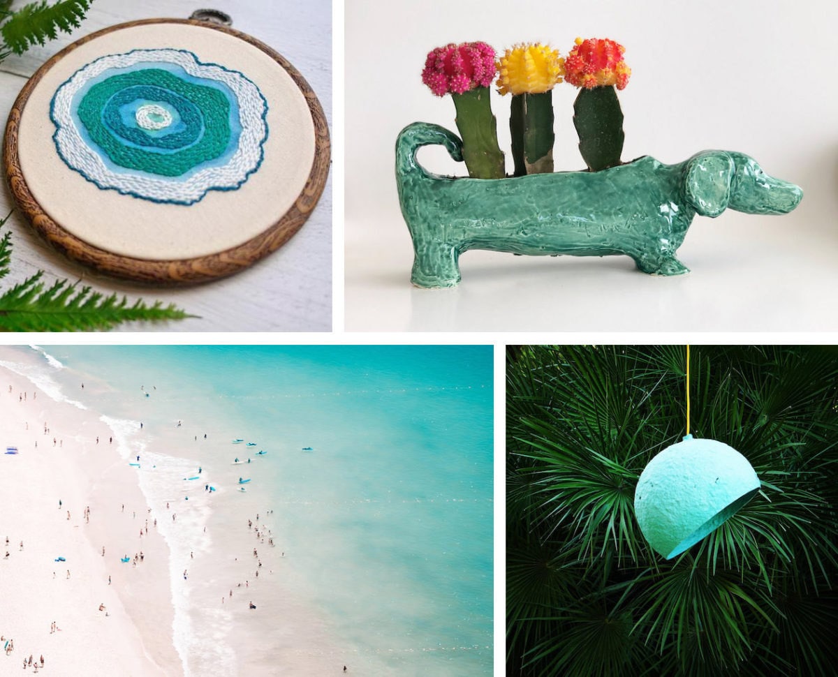 Collage of four turquoise-colored home decor items from Etsy: an embroidery hoop, a planter, a lighting fixture, and a print