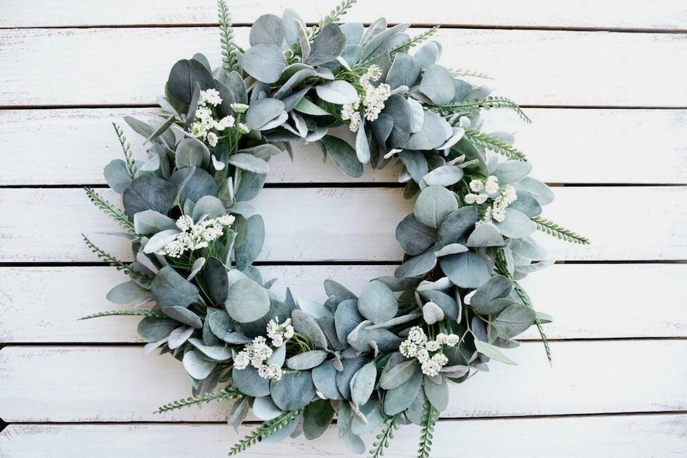A year-round lamb's ear and eucalyptus wreath from Lychee Wreath Boutique on Etsy
