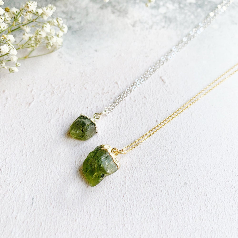 Two peridot raw stone necklaces from Eclectic Eccentricity